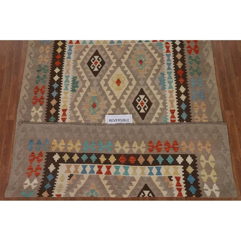 Hand Woven Oriental 100% Wool Carpet Southwestern Geometric Brown Kilim Area Rug - 9' 6'' X 6' 10''