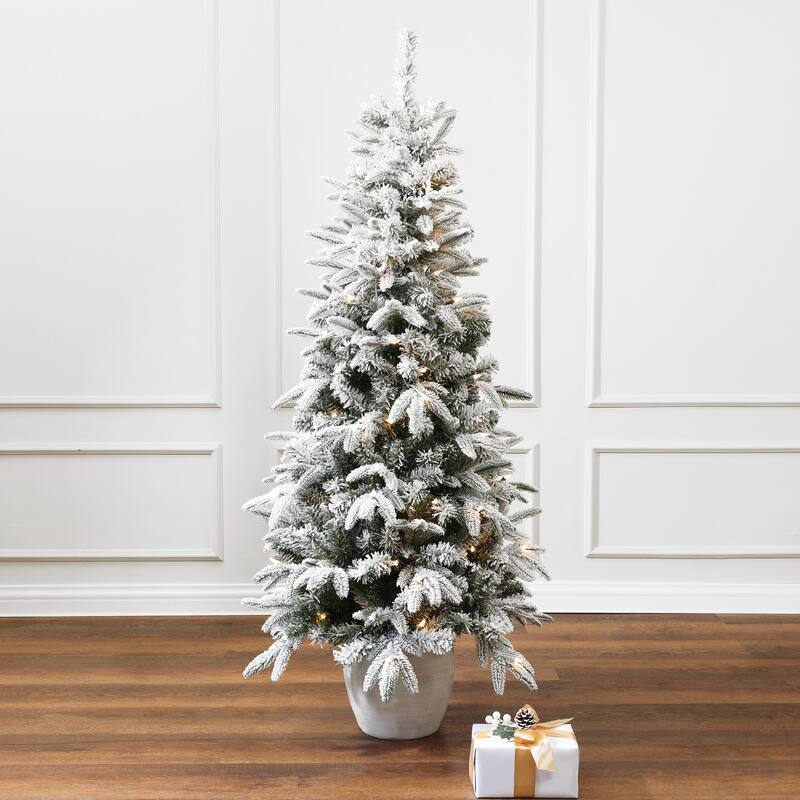 5Ft Pre-Lit Snow Flocked Slim Fir Potted Artificial Christmas Tree - 60" H x 29.9" Diameter