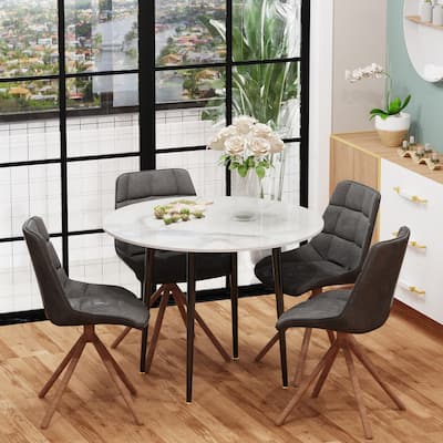 Round Kitchen Dining Table Marble Tabletop with Tapered Metal Legs - 31.5” W x 30” H