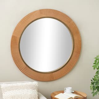 Brown Wood Fluted Room Wall Mirror with Scalloped Edge