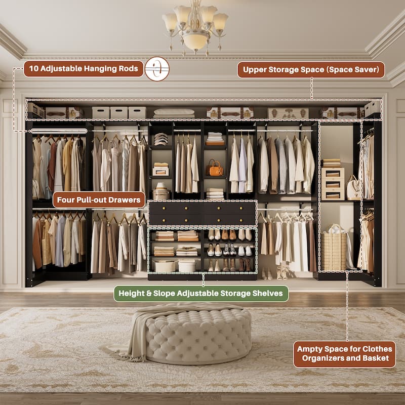 Set of 4 U-Shaped Closet Organizer System with Wood Drawers, Amoire Wardrobe with Shoe Racks