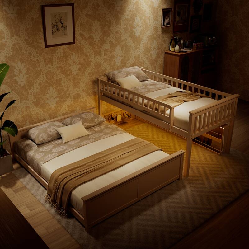 Kids Bunk Bed Frame with Integrated Shelving, Light Strip and Pegboard, Convertible into Floor Platform Bed and Low Loft Bed