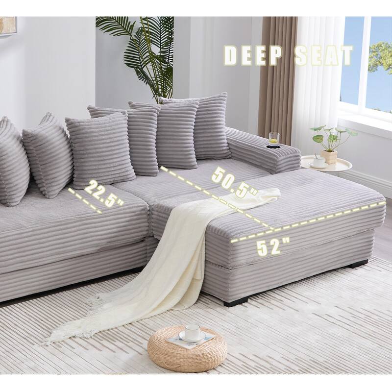 110.75" Corduroy Sectional Sofa, Convertible Sleeper Sofa Bed L-Shaped Upholstered Couch with Removable Footstool, Cup Holder