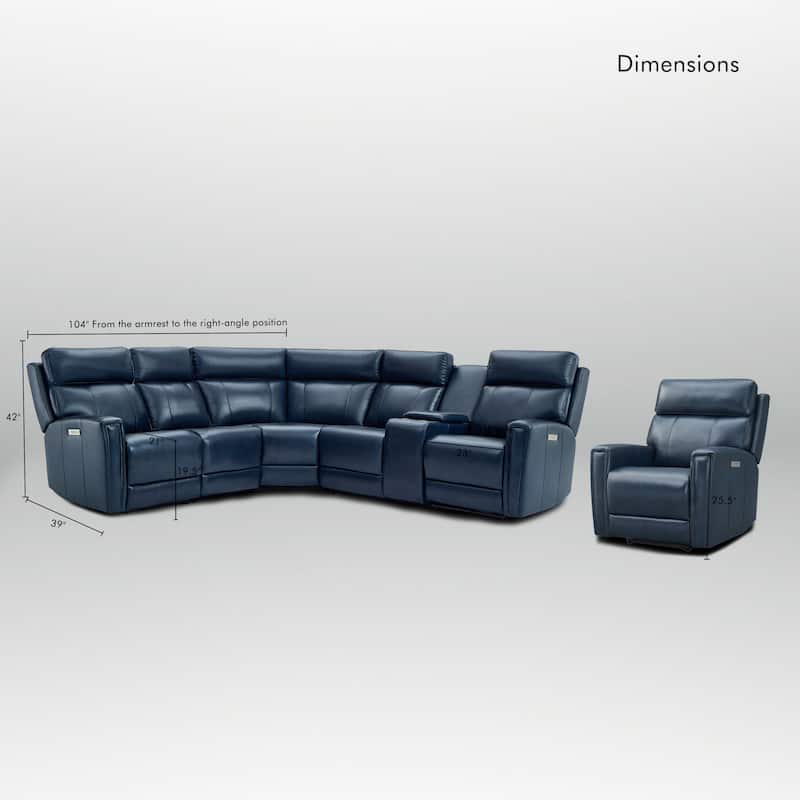 104" W 6 Seater Genuine Leather Power Sectional and 39" W Recliner Set with Zero Gravity, USB Ports, 2 Stationary Armlesschairs
