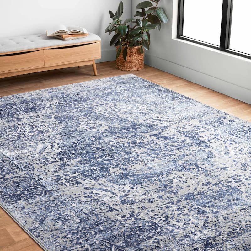Alexander Home Mason Distressed Traditional Blue Persian Rug - 9'6" x 13'