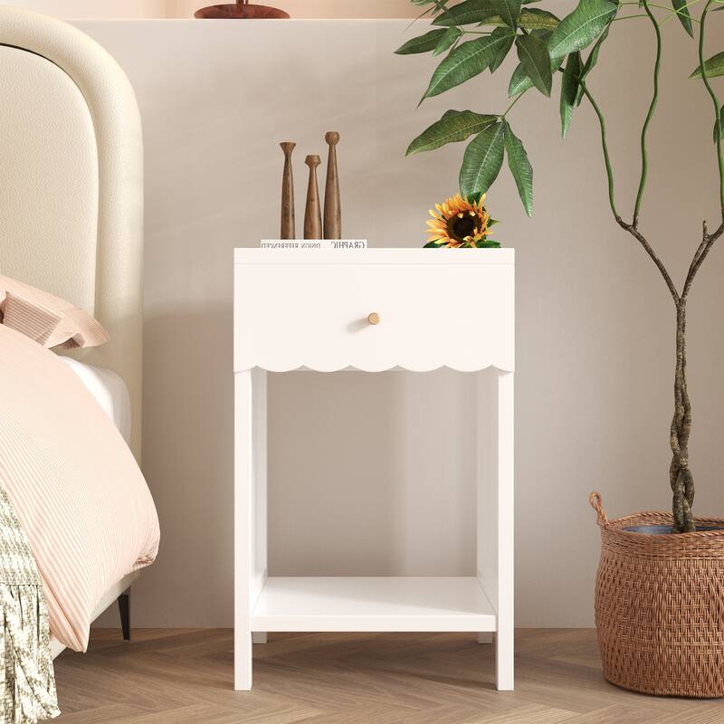 Modern Nightstand with Drawer and Open Shelf - White