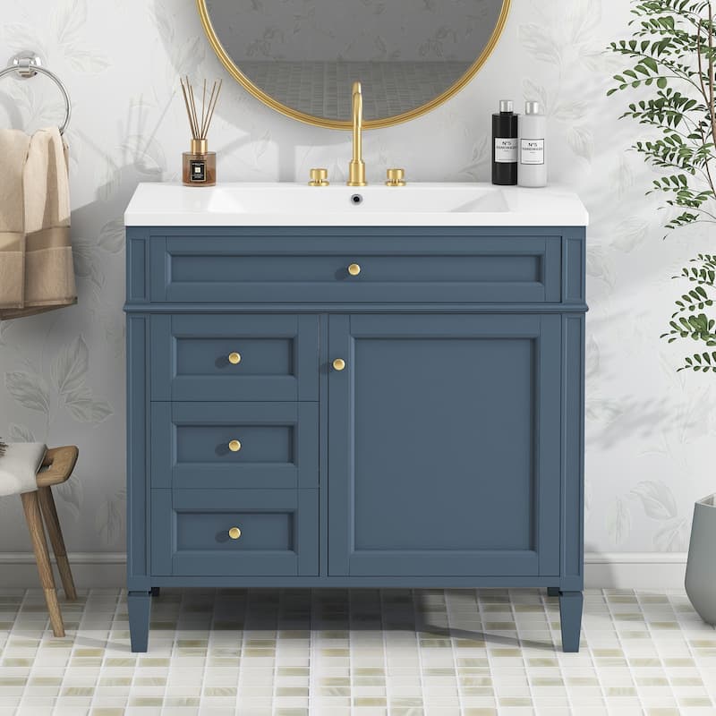 36" Bathroom Vanity with Top-Mount Sink - Modern Cabinet with 2 Drawers + Tip-Out Tray - Complete Single Sink Vanity Set