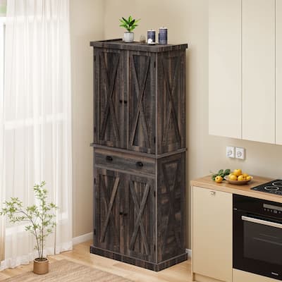 Farmhouse Kitchen Storage Pantry Cabinet with with 4 Barn Doors and Large Drawer & Adjustable Shelves