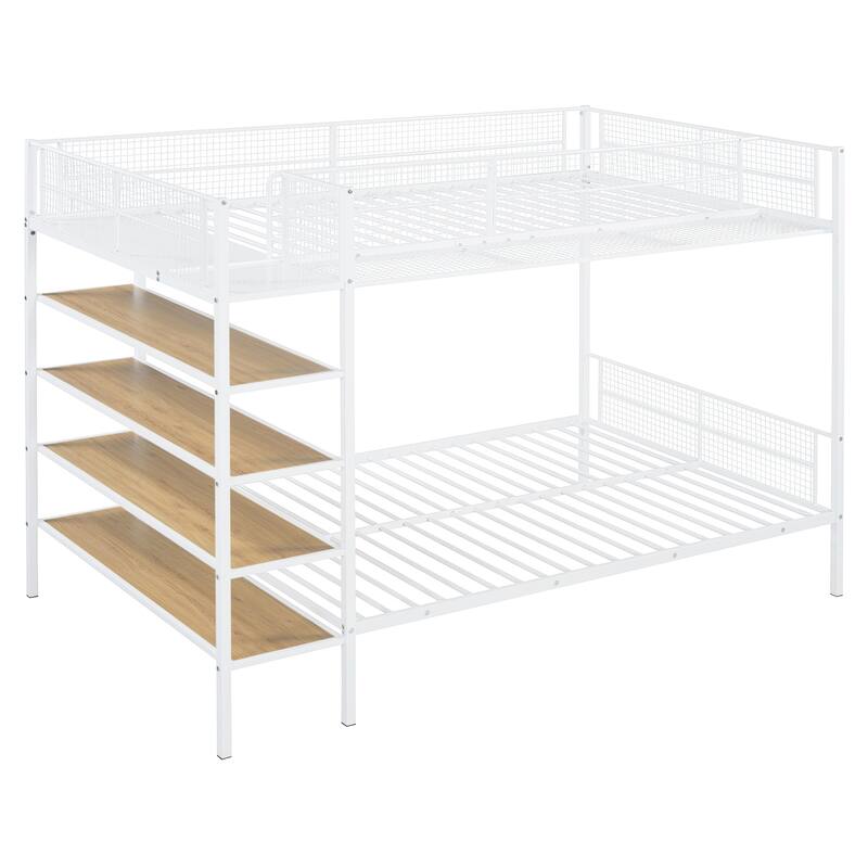 White Twin Over Full Metal Bunk Bed with 5-Tier Shelves