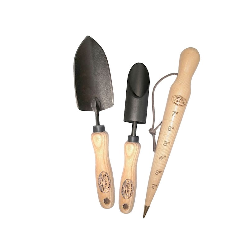 DeWit Tool Gift Set - 3 Piece Bulb Planting - Amaryllis Bulb Planter, Wooden Dibber and Small Forged Trowel,