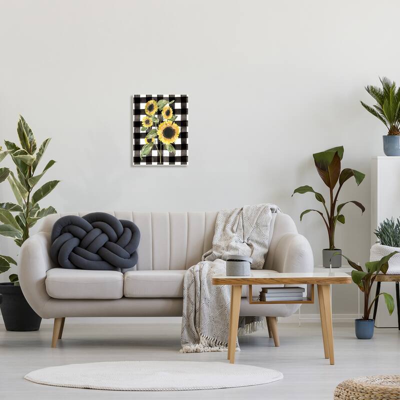 Stupell Classic Yellow Sunflower Floral Bunch Buffalo Check Plaid Wood Wall Art