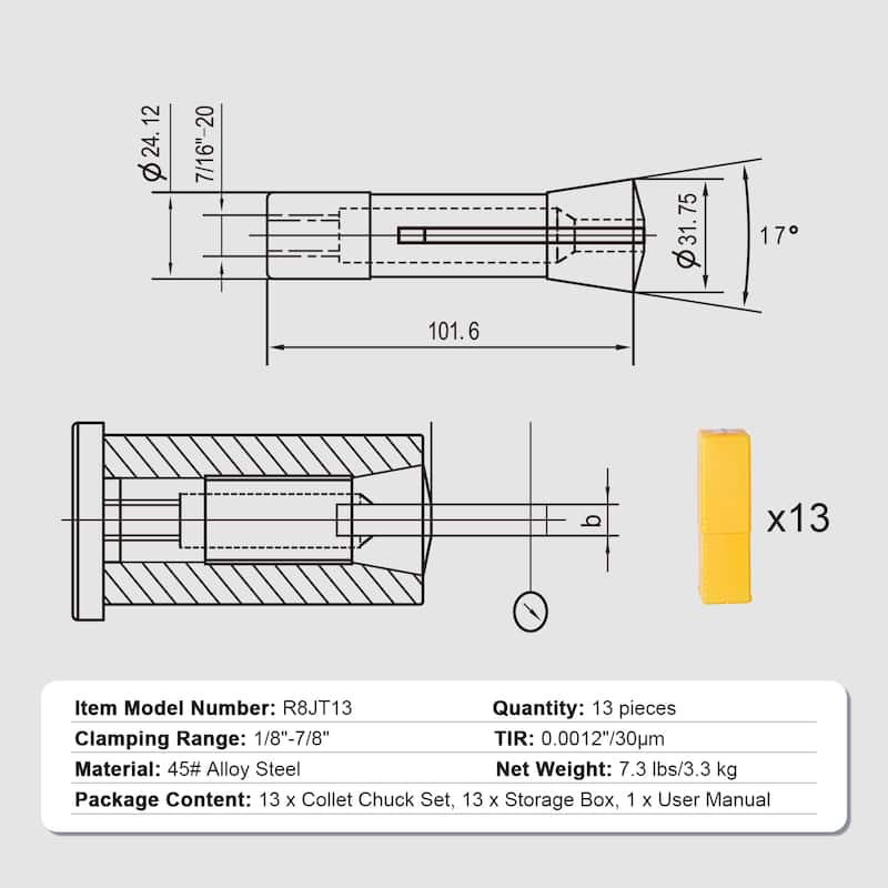 13 pcs Precision R8 Collet Set, 1/8'' - 7/8'', 45# Mill Collet Chuck 0.0012"/30μm TIR with 13 Labeled Storage Boxes - 13 pcs