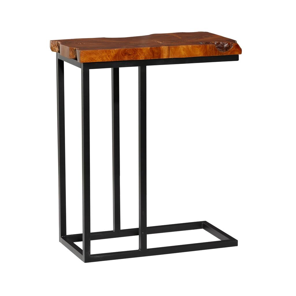 Teak Wood Live Edge Top Side End Accent Table with Black Metal Base - Brown - Roche River Decor