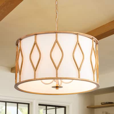 4-Light Industrial Farmhouse Antique Gold Drum Pendant Light with White Fabric Shade - 23.62 in. W x 16.54 in. H