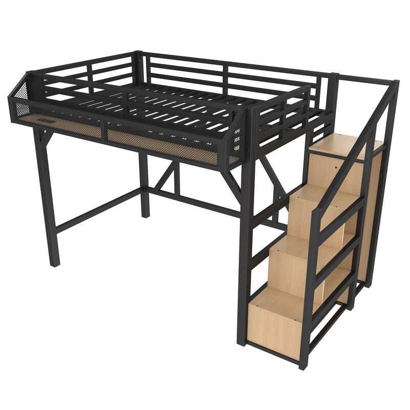 Roomfitters Metal Loft Bed with Wardrobe and Storage Stairs, LED Lights and USB