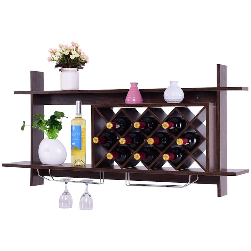 Wall Mount Wine Rack with Glass Holder and Storage Shelf - Brown