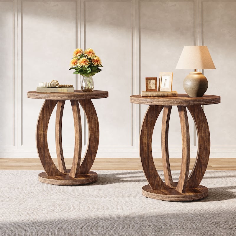 Round Nightstand with Storage Large Bedside Table for Bedroom - 2 Packs - Dark Brown