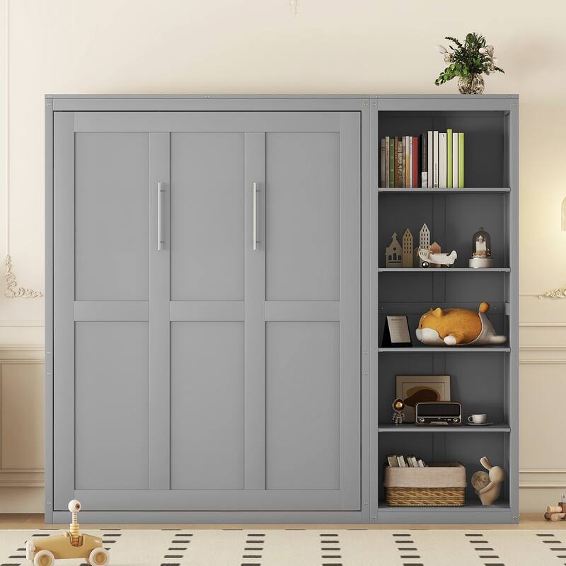 Space Saving Murphy Bed Wall Bed with 5 Layer Storage Shelves, Wood Foldable Platform Bed Frame, No Box Spring Needed