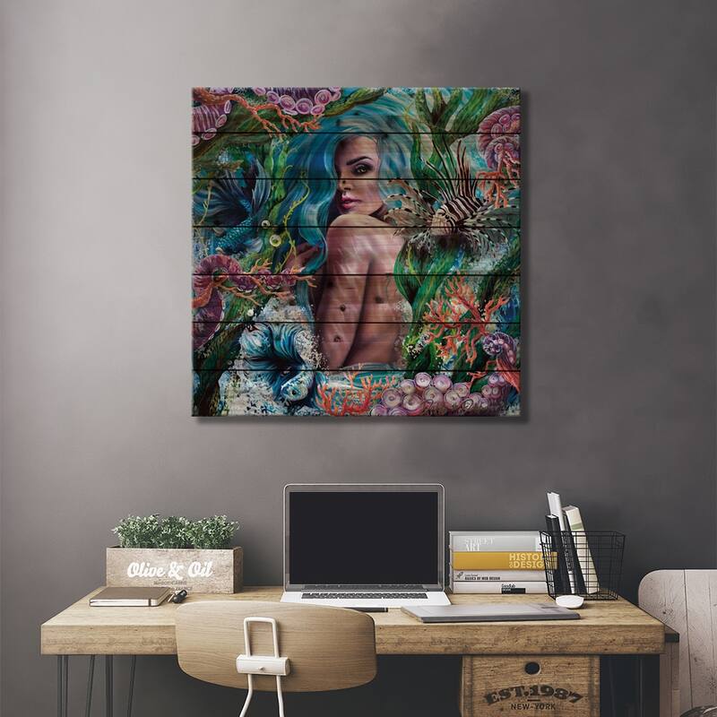 Glass Mermaid Print On Wood by Dakota Daetwiler - Multi-Color