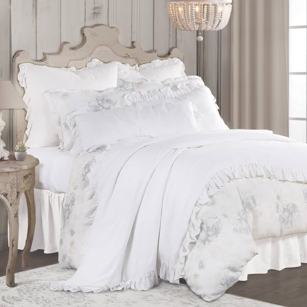 HiEnd Accents Rosaline Washed Linen Romantic Floral Duvet Cover Set, 3PC