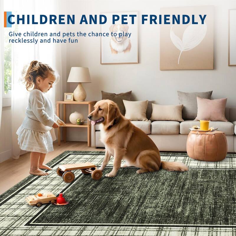 Modern Bordered Rug Farmhouse Plaid Area Rugs for Living Room Bedroom, Indoor Accent Carpet Home Decor