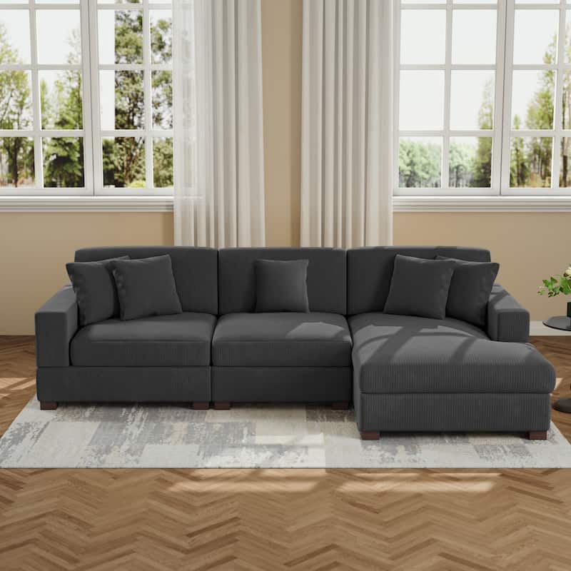 Modern L-Shaped Corduroy Modular Sectional Couch Sofa with Pillows - Grey - Right Facing