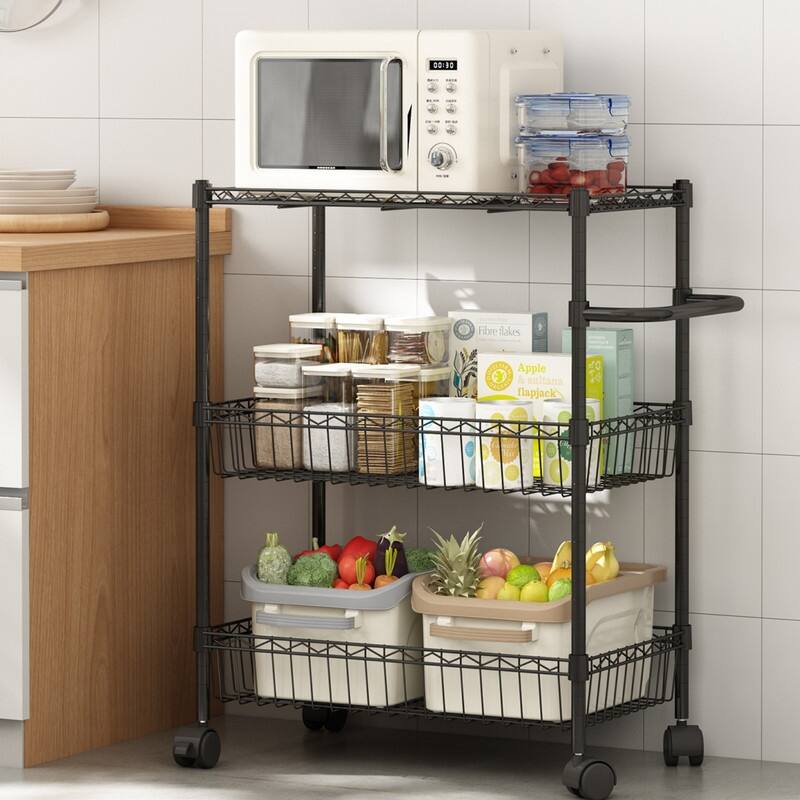 3 Tier Rolling Storage Cart, Adjustable Wire Storage Shelving Unit, Kitchen Organizer Cart Wire Rack On Wheels - Black