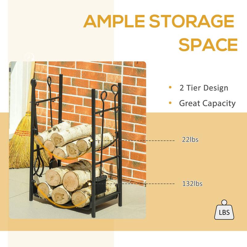 Outsunny 18" 2-Tier Firewood Log Wood Storage Rack with Shovel, Broom, Poker, Tongs and Hooks, for Fireplaces, Black