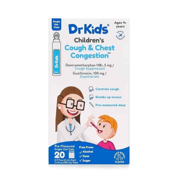 slide 1 of 1, DrKids Children's Cough & Chest Congestion, Dextromethorphan HBr 5mg + Guaifenesin 100mg per 5ml - 20ct
