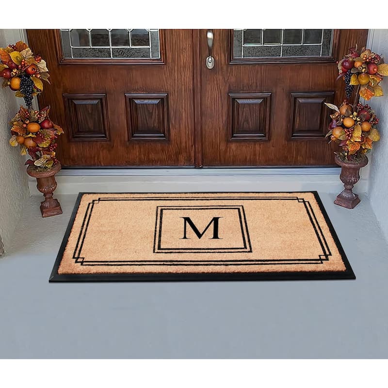 A1HC Natural Coir and Rubber Monogrammed Front Porch Entry Doormat 24"X48" Black/Beige