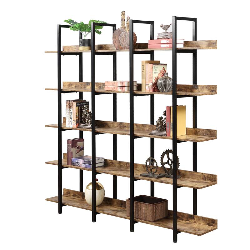 5 Tier Bookcase Home Office Open Bookshelf, Vintage Industrial Style Shelf, MDF Board, Black Metal Frame