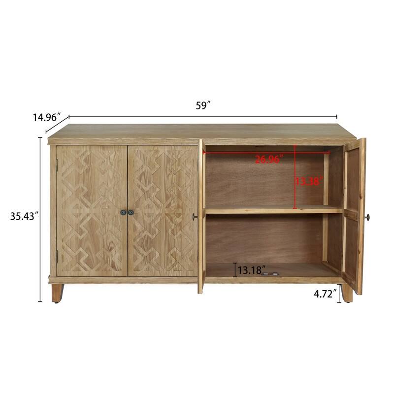 59" Natural Wood Media Console- 4-Door Accent Cabinet for Living Room, Entryway or Bedroom - Versatile Buffet &Storage Solution‌
