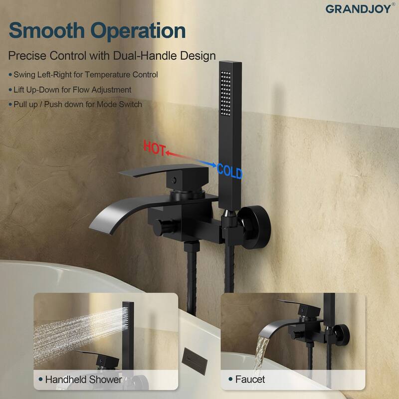 GRANDJOY Wall-mount Waterfall Bathtub Faucet with Handheld Shower