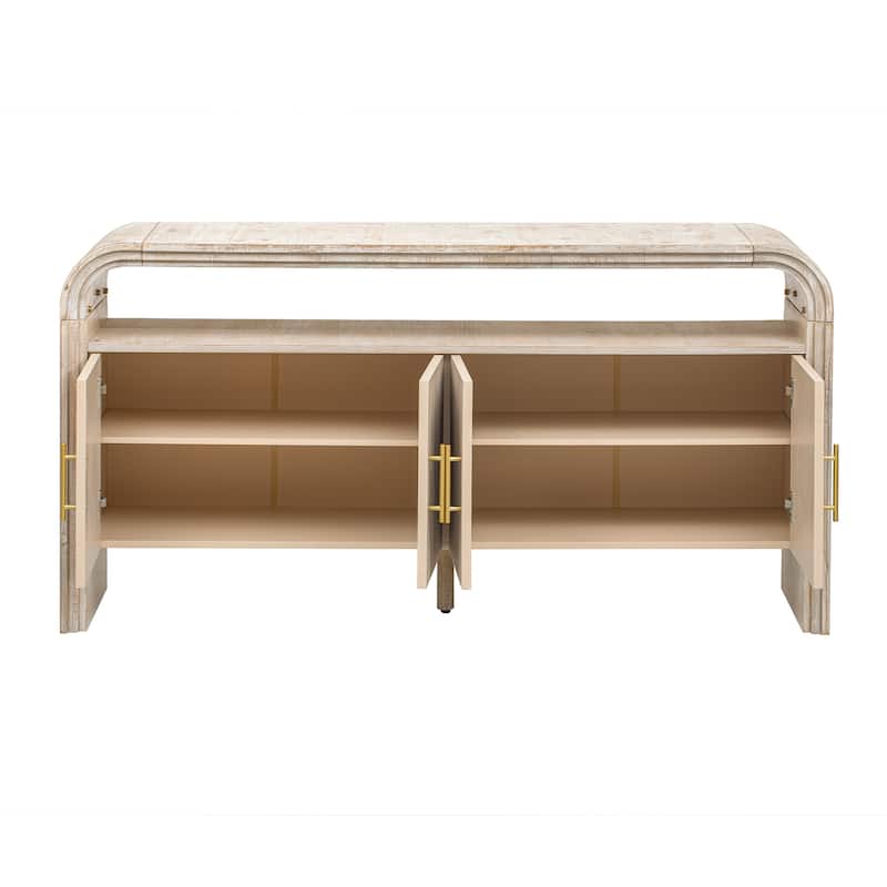 Curved Sideboard with 4 Doors, Wood Accent Entryway Console Table, Freestanding Buffet Cabinet with Open Shelves