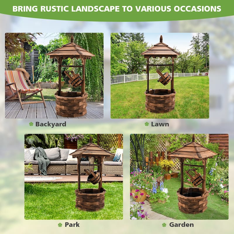 Gymax Rustic Wishing Well Fountain Outdoor Patio Wooden Water Fountain