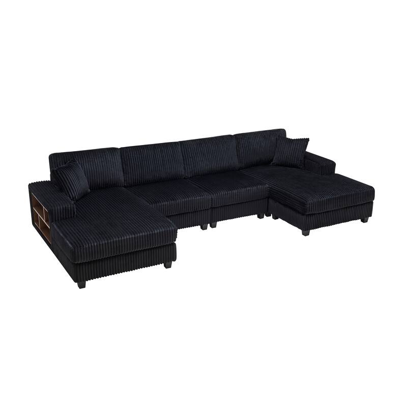 Modular Sectional Sofa with Dual Chaise Lounges, Corduroy Cloud Sofa with Armrest Storage Rack, Convertible 4-Seat Sleeper Sofa