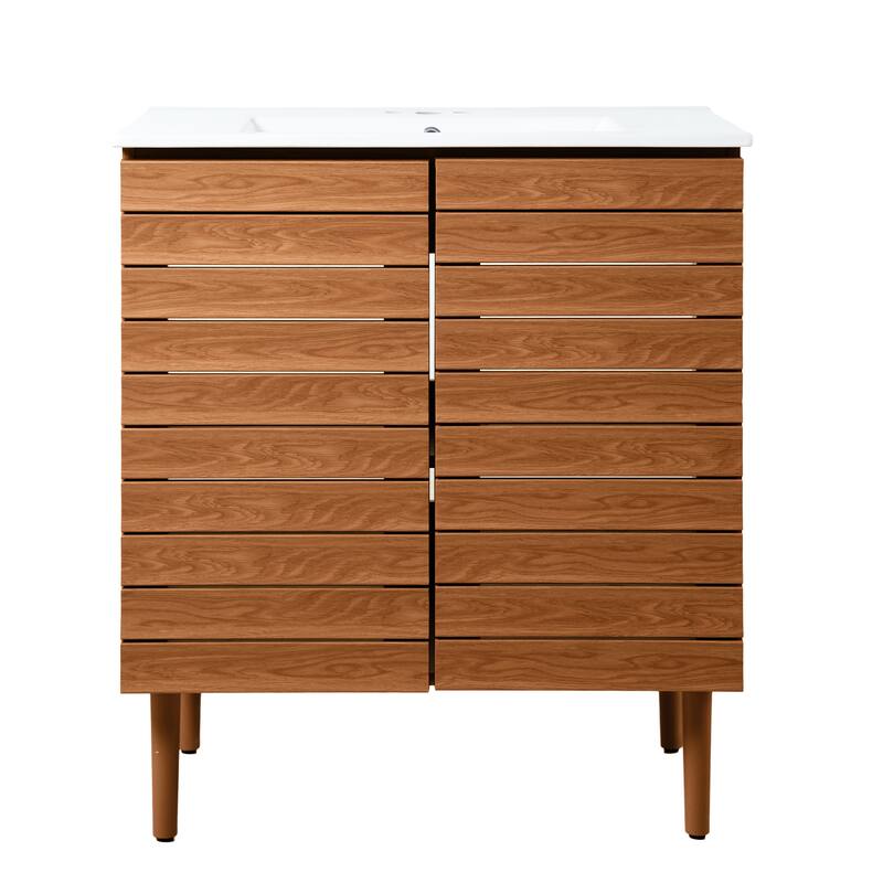 Calandre Thick Linear Slat Modern Farmhouse 2-Shelf Bath Vanity Cabinet Only (Sink Basin not Included), by JONATHAN Y - 30 in. - Walnut