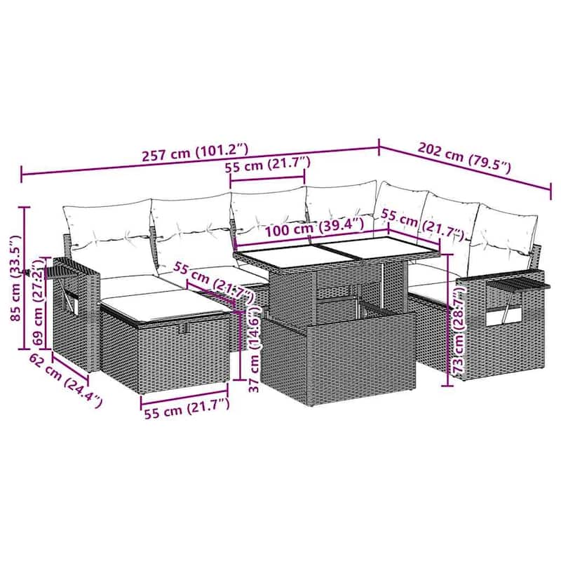 vidaXL Patio Sofa Set with Cushions Outdoor Furniture 8 Piece Poly Rattan - 21.7 x 39.4 x 28.7 in