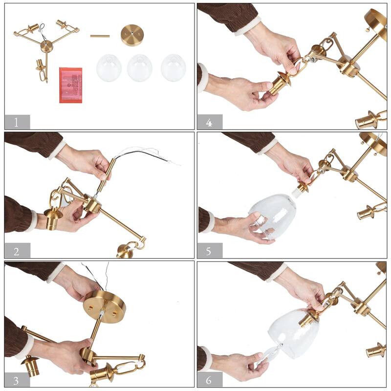 Blobfish Modern Gold 3-Light Chandelier Glass Wheel Semi-Flush Mount Lighting for Dining Room - D19.3"* H14.4"