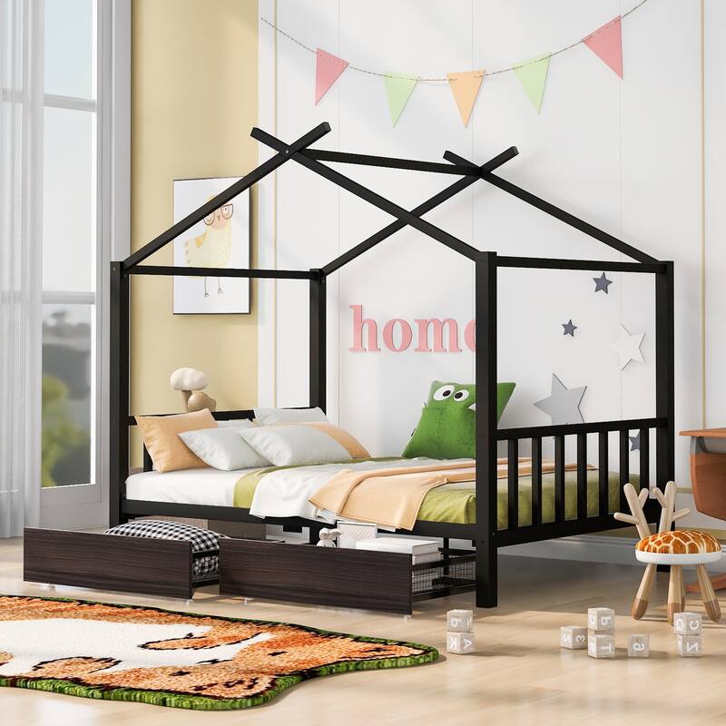 Full Size Metal House Platform Bed with Two Drawers,Headboard and Footboard,Roof Design