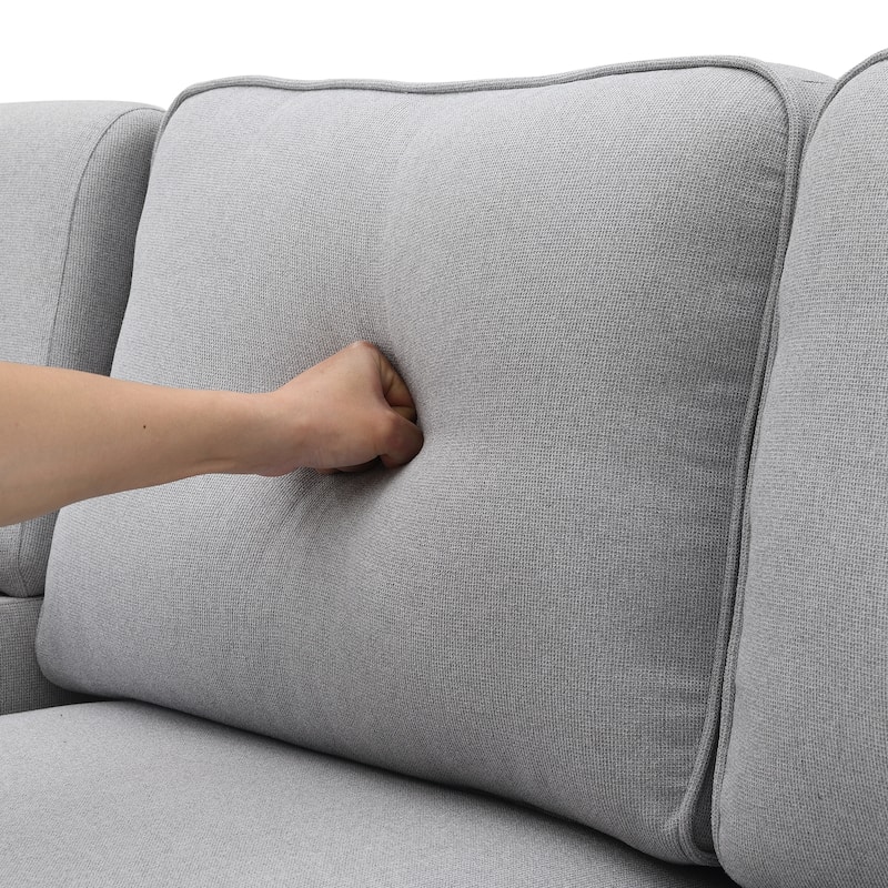 Modern 4-Seat Sofa with Console, Wireless Charging, 2 Cupholders, and 4 Pillows, Upholstered in Linen Fabric