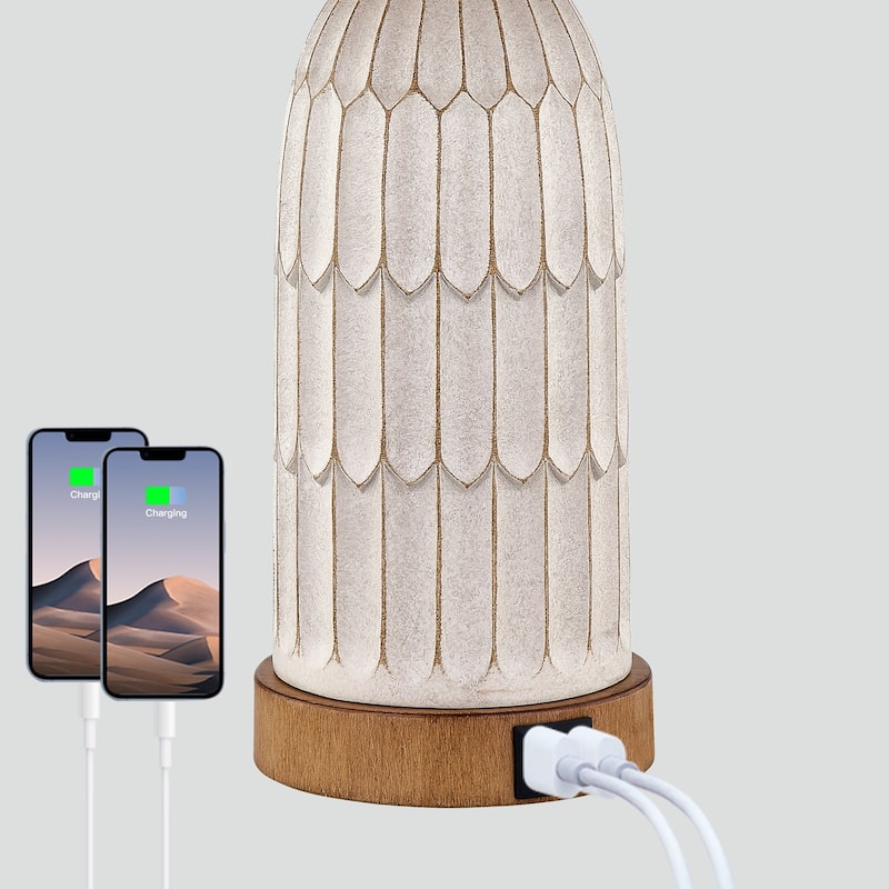 Beige Resin Table Lamps with 3-way Touch Dimming Switch Dual USB Charging Ports (Set of 2) - 11'' x 11'' x 22'' (L x W x H)