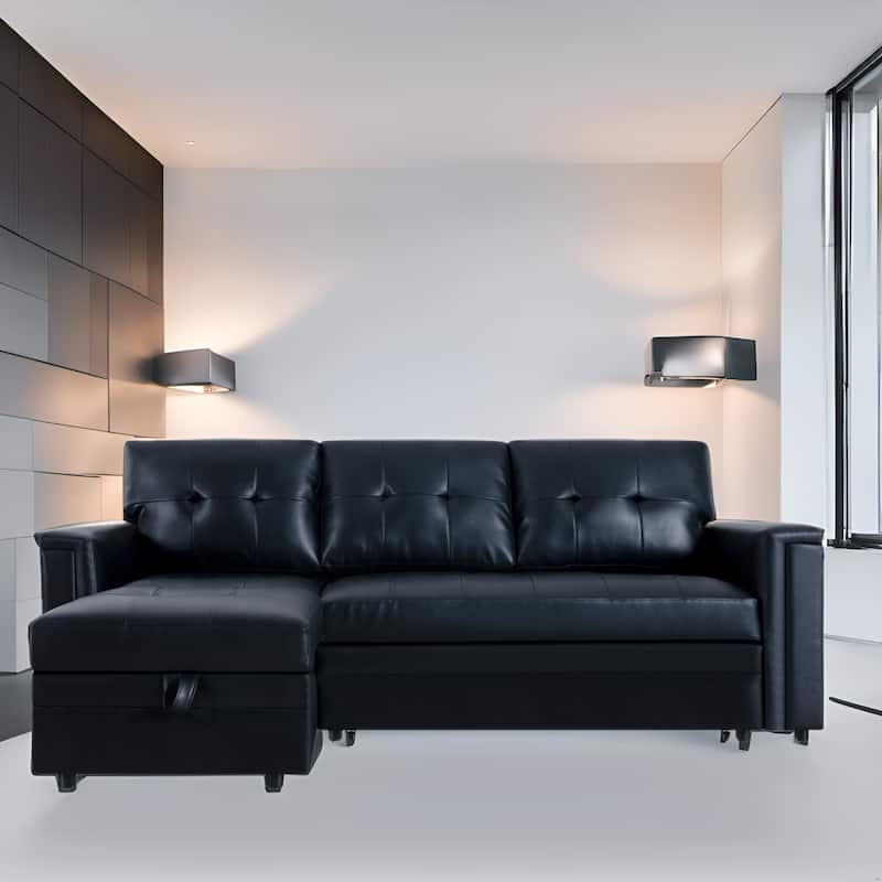 Convertible L-Shaped Sectional Sleeper Sofa with USB & Pull-Out Bed - Black,Air Leather