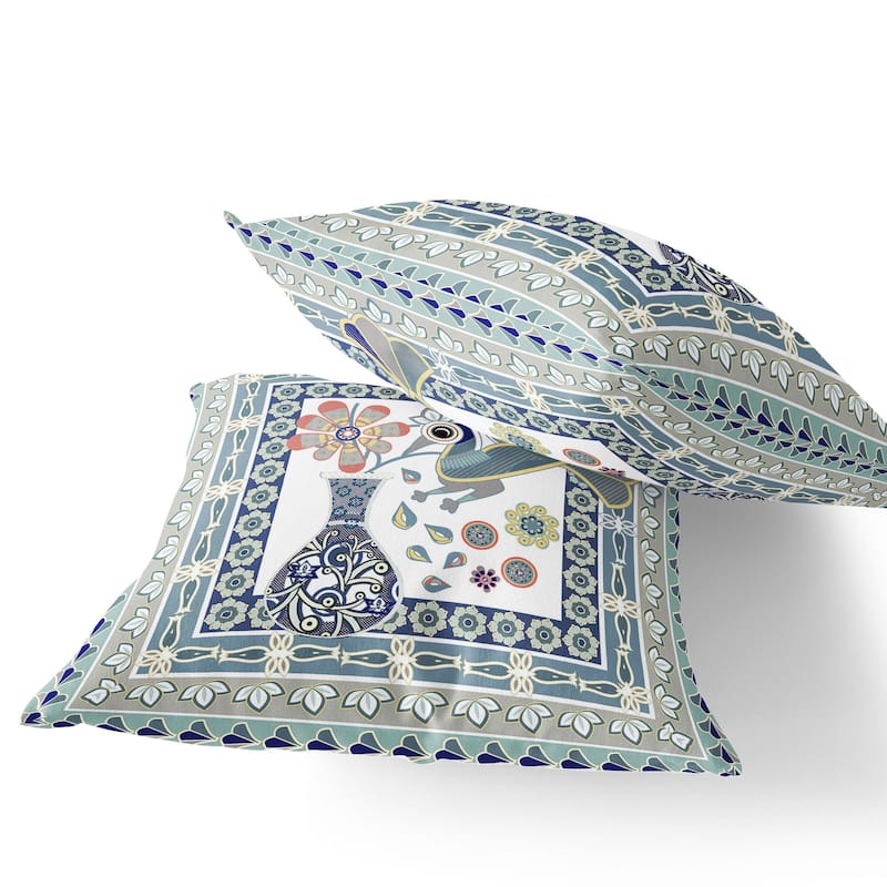 HomeRoots Set of Two 16" X 16" Beige and Green Peacock Blown Seam Floral Indoor Outdoor Throw Pillow - 16.00' X '16.00' X '5.00