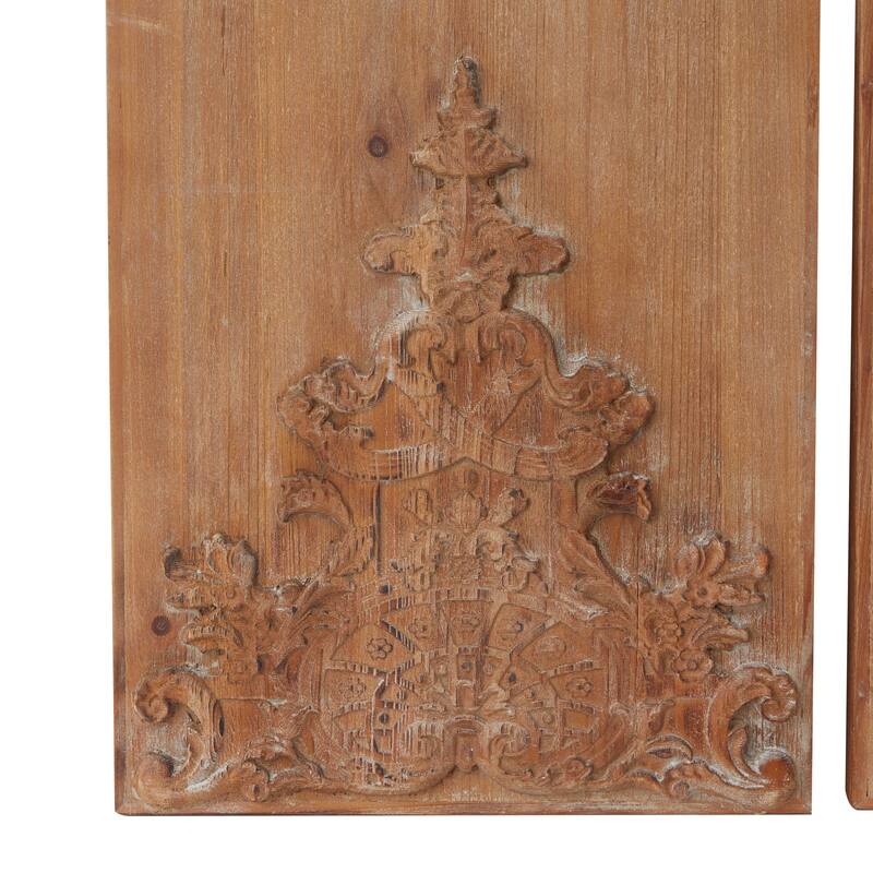 Brown Wood Carved Antefix Floral Home Wall Decor (Set of 3)