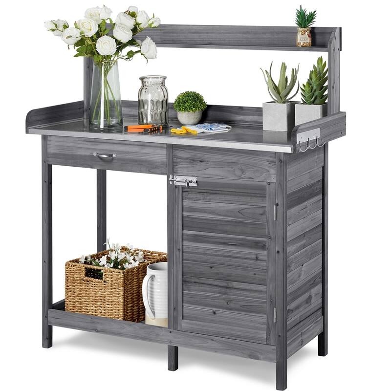 Yaheetech Fir Wood Potting Bench with Metal Tabletop - Grey