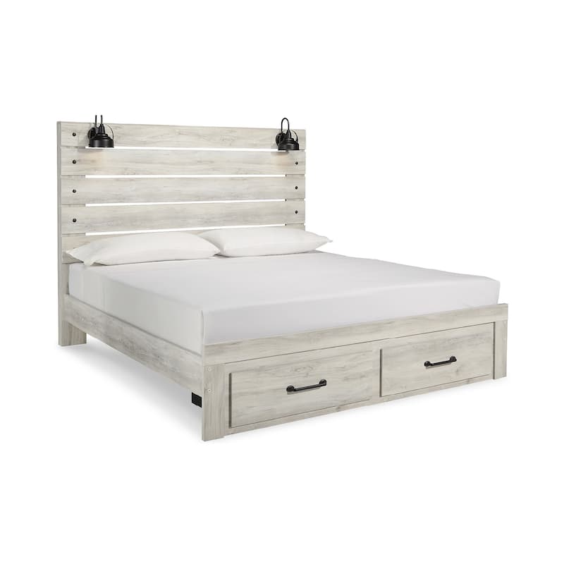 Cambeck Whitewashed Panel Bed w/ 2 Footboard Storage Drawers