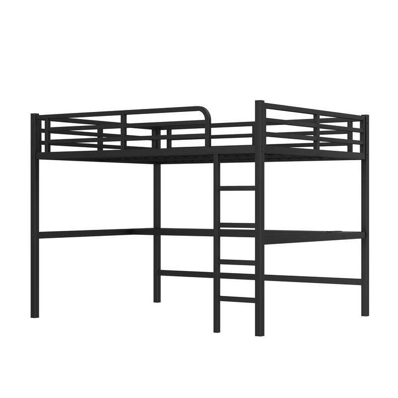 Queen Size Metal Loft Bed with Power Outlet, LED Lighting and Built-in Desk