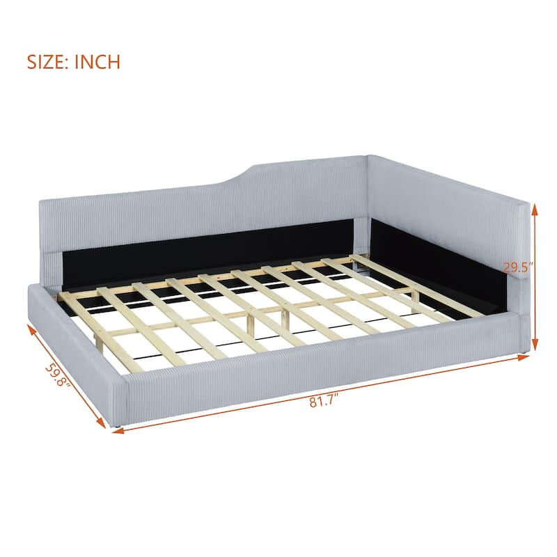 L-Shaped Backrest Bed Frame, Corduroy Upholstered Daybed, Wood Low Profile Panel Bed for Bedroom