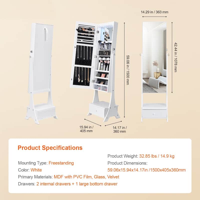 Full-Length Standing Mirror with Lockable Jewelry Cabinet Velvet Lining and Rotating Earring Holder